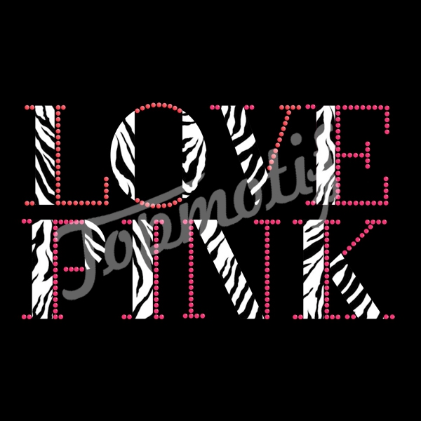 wholesale Love Pink  Rhinestone Heat Transfers Zebra Vinyl Motifs For T-Shirt