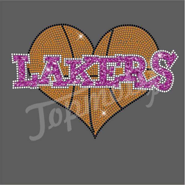 Lakers Glitter Design With Basketball Heart Rhinestone Transfers For Tshirts