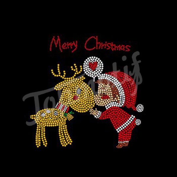 Lovely Children with Reindeer Christmas Transfer Design Rhinestone