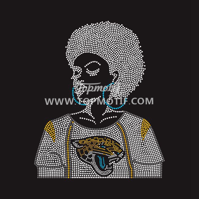 Hot Fix Afro Girl with Jaguars Rhinestone Design Iron on Football Clothes