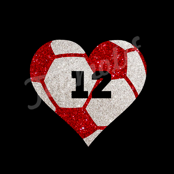 wholesale Bling Heart Shape With Custom Number Soccer Iron On Transfers Glitter Motif