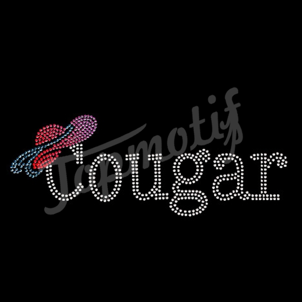Wholesale rhinestone transfer hot design cougar with hat iron on bling
