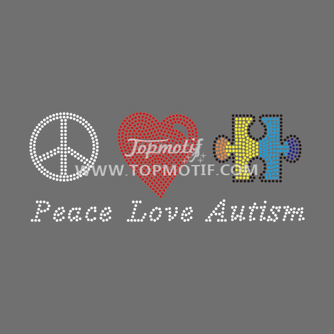 Peace Love Autism Rhinestone Motif Iron on Transfer for Tees
