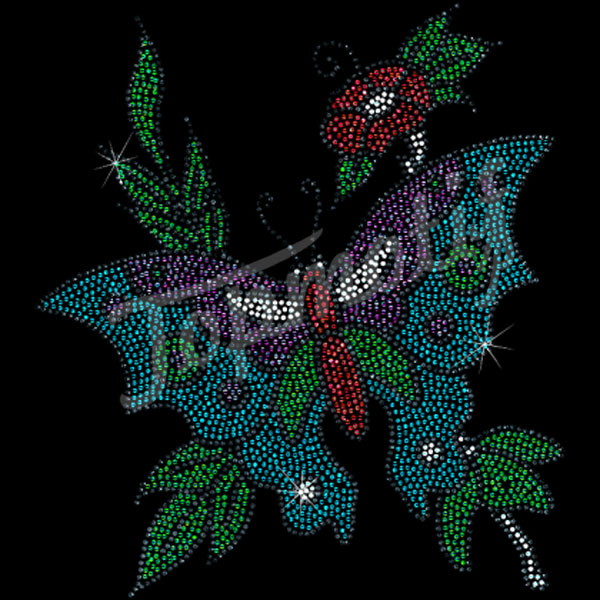 Butterfly with flower rhinestone iron on transfers for T shirts transfer