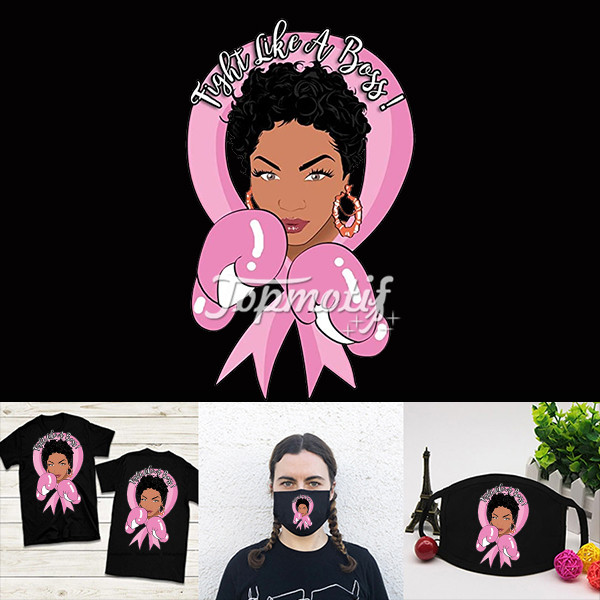 Fight like a boss breast cancer afro girl iron on heat transfer printing