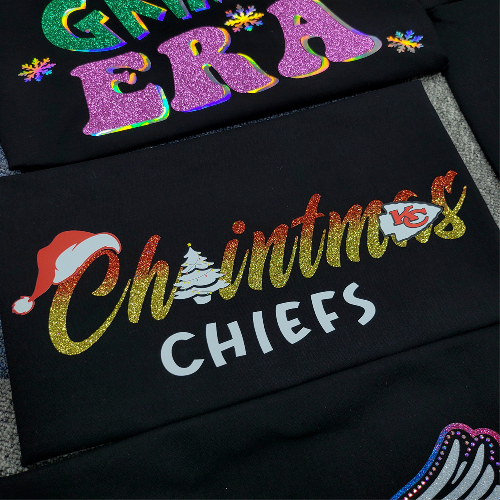 Christmas chiefs rainbow glitter vinyl iron on heat press dtf transfer printing